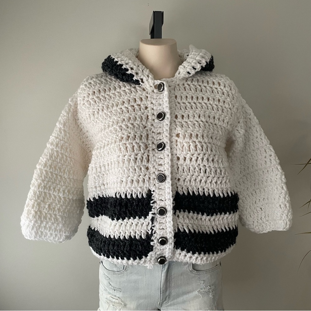 Cozy White & Black Crochet Hooded Cardigan Sweater